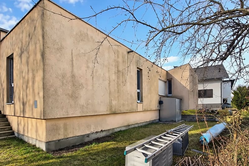Bungalow mit orangefarbenem Putz und Flachdach, die Wand grau verschleiert mit dunklen Laufspuren vom Dachrand bis zum Sockel, davor Rasen und eine Leiter