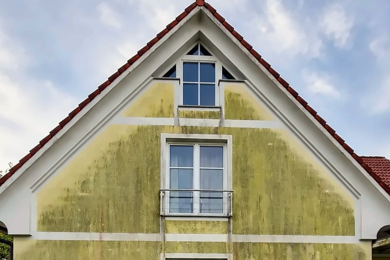 Giebel eines gelben Wohnhauses mit weißen Faschen, der Putz flächig grün belegt