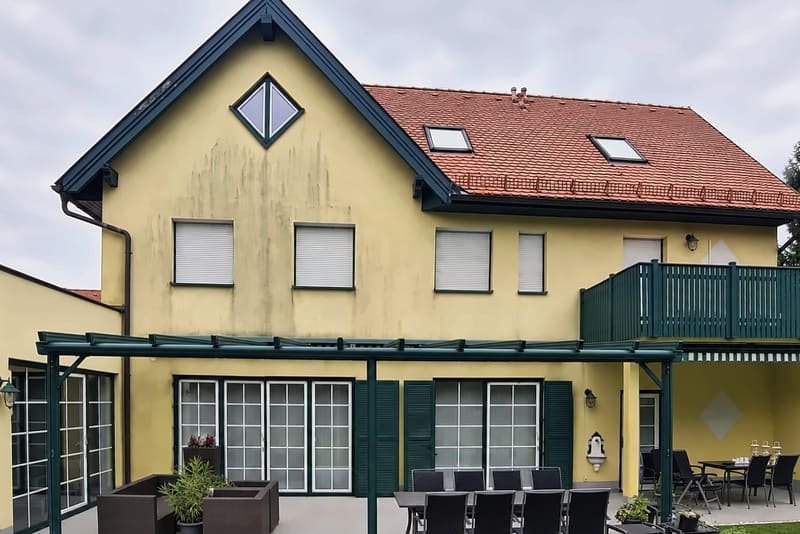 Gelbes Wohnhaus mit Terrasse und Pergola, am Giebel über den Fenstern grünlich-graue Flecken