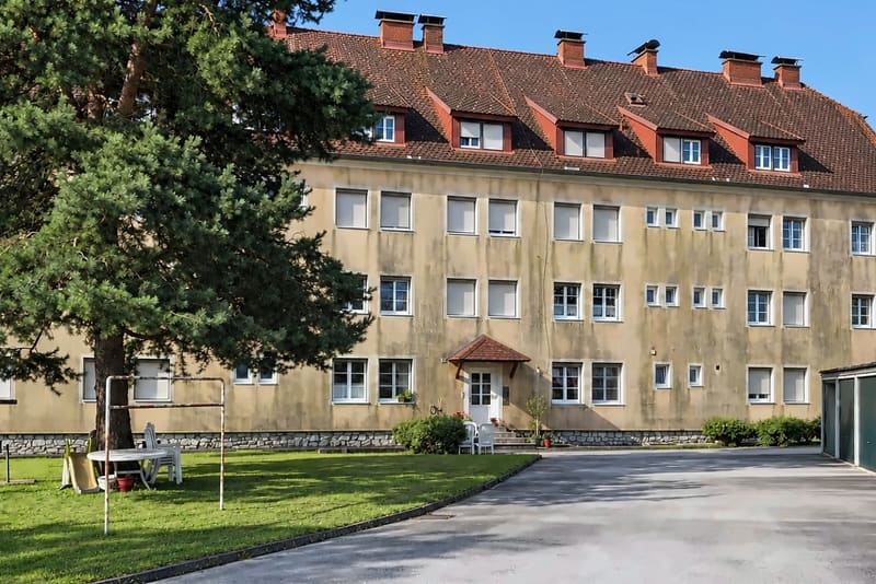 Mehrparteienhaus mit ockerfarbenem Putz, Gaupen und einer Kiefer davor, die Fassade grau verschleiert mit dunklen Streifen