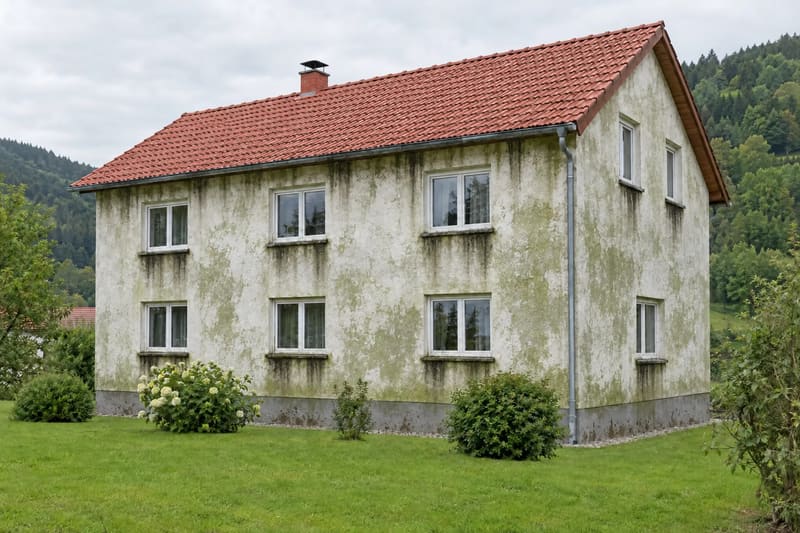 Zweistöckiges Einfamilienhaus mit rotem Ziegeldach, die helle Fassade flächig mit grünem Algenbelag und Laufspuren unter den Fensterbänken