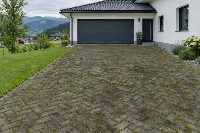 Gepflasterte Hofeinfahrt vor einer Garage, das Pflaster dunkel verfärbt mit Moos in den Fugen