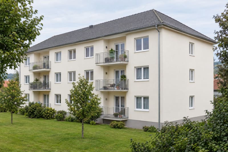 Dieselbe Wohnanlage nach der Reinigung, die Fassade gleichmäßig hell
